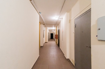 Russia, Moscow- July 08, 2019: interior room apartment. standard repair decoration in hostel. public place, staircase