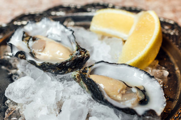 Fresh opened oysters, ice and lemon on a nice round metal plate, wooden background