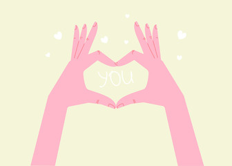 Obraz premium Heart hands, meaning of showing love, hands in shape of love heart, show you love. Modern flat vector illustration.