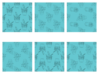 Ser of vector seamless pattern with house indoor plants. Cute plants in pots. Hand drawn illustration.