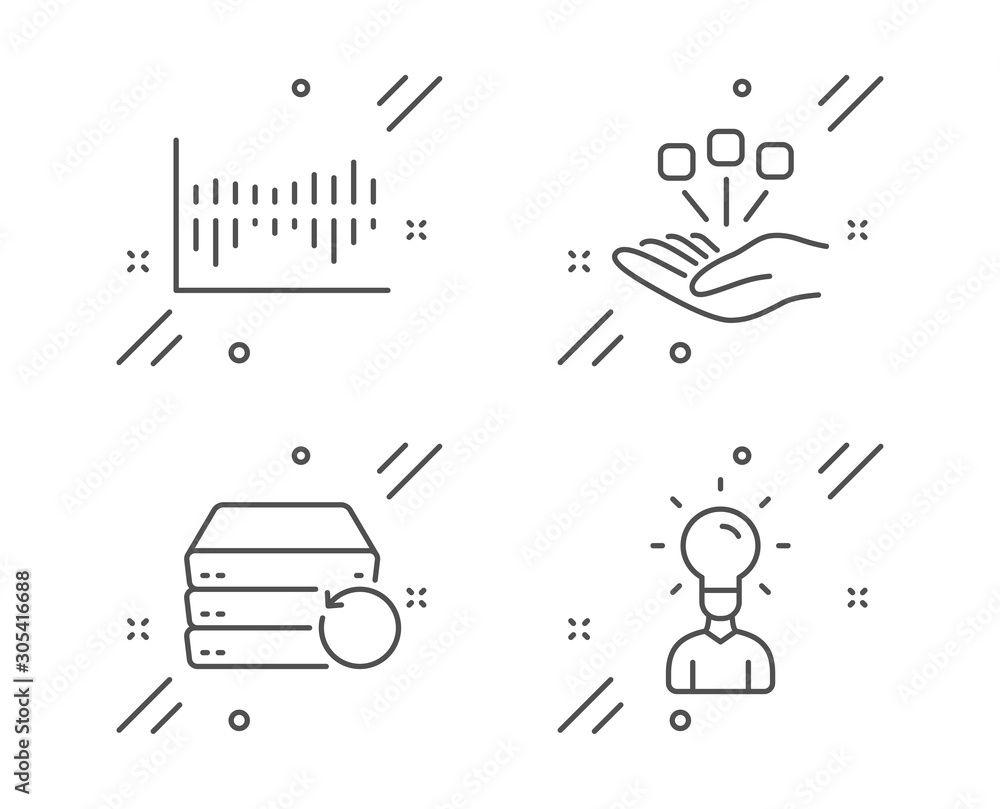 Poster recovery server, consolidation and column diagram line icons set. education sign. backup data, strat