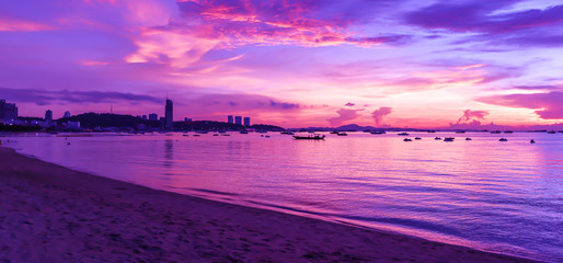 Beautiful landscape beach and sea and purple sky at the sunset, twilight period which including of sunrise