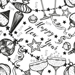 Happy New Year. Vector illustration, gifts,Christmas tree toys,wine glasses with champagne, prints on T-shirts, background white, card for you, handmade,seamless pattern