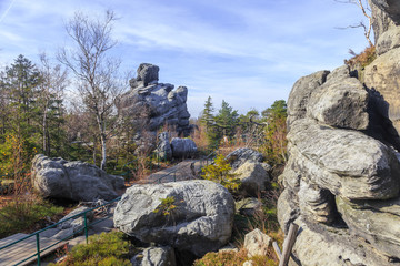 Rock formations at Szczeliniec Wielki, in the Table Mountains National Park, Lower Silesia, Poland - obrazy, fototapety, plakaty