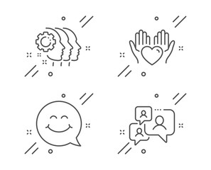 Employees teamwork, Hold heart and Smile face line icons set. Support chat sign. Collaboration, Care love, Chat. Comment bubble. People set. Line employees teamwork outline icon. Vector