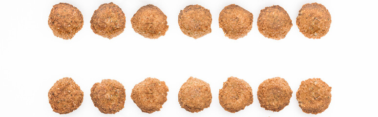 flat lay with delicious fresh cooked falafel balls isolated on white, panoramic shot