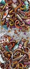 Hair salon hand drawn doodle banner. Cartoon detailed illustrations.