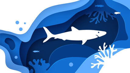 Underwater world. Paper art underwater ocean concept with shark silhouette. Paper cut sea background with shark, waves, fish and coral reefs. Save the ocean. Craft vector illustration