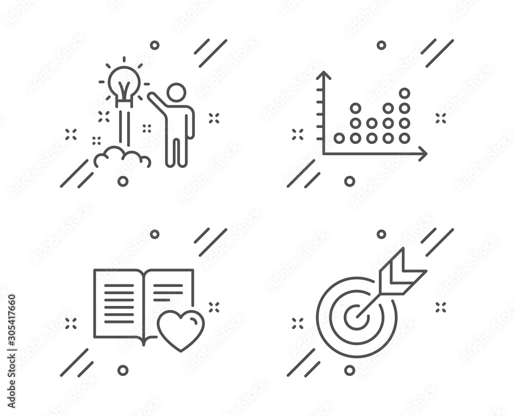 Poster dot plot, creative idea and love book line icons set. target sign. presentation graph, startup, cust