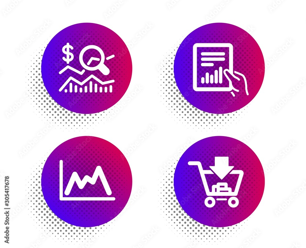 Poster check investment, document and diagram icons simple set. halftone dots button. shopping sign. busine