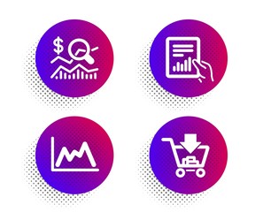 Check investment, Document and Diagram icons simple set. Halftone dots button. Shopping sign. Business report, File with diagram, Growth graph. Add to cart. Finance set. Vector