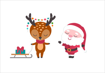 Cute Santa Claus and deer cartoon characters.
