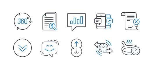 Set of Technology icons, such as Financial documents, Timer, Smartphone sms, Reject certificate, Scroll down, Smile chat, 360 degree, Analytical chat, Swipe up, Frying pan line icons. Vector