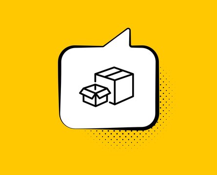 Packing boxes line icon. Comic speech bubble. Delivery parcel sign. Cargo box symbol. Yellow background with chat bubble. Packing boxes icon. Colorful banner. Vector