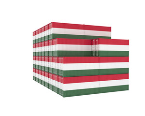 3D Illustration of Cargo Container with Hungary Flag on white background. Delivery, transportation, shipping freight transportation.
