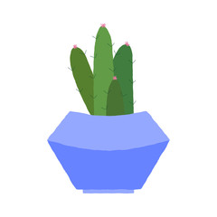 Vector illustration of a textured cactus in a blue pastel plant pot. Houseplant graphic.