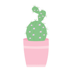 Vector illustration of a textured cactus with pink flowers in a pastel pink plant pot. Houseplant graphic.