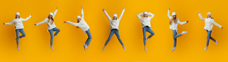 Collage of cheerful winter girl jumping in the air