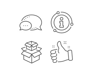 Packing boxes line icon. Chat bubble, info sign elements. Delivery parcel sign. Cargo box symbol. Linear packing boxes outline icon. Information bubble. Vector