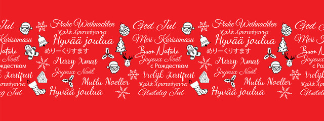 Seamless vector horizontal border with Christmas greetings in different languages with hand drawn christmas doodles.