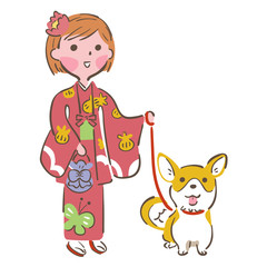 着物姿の女の子と犬　イラスト