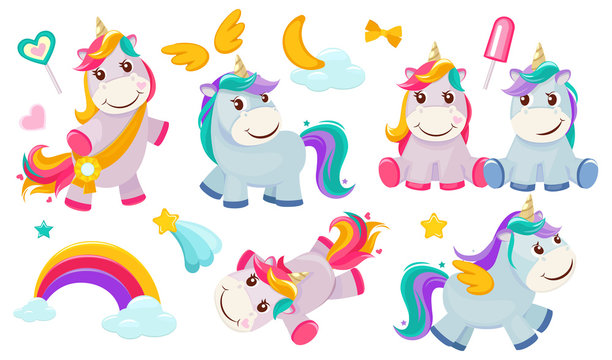 Magic unicorns. Baby little fairytale animals pony horse pink characters with rainbows for girls vector. Illustration unicorn horse, magic pony, fairytale rainbow