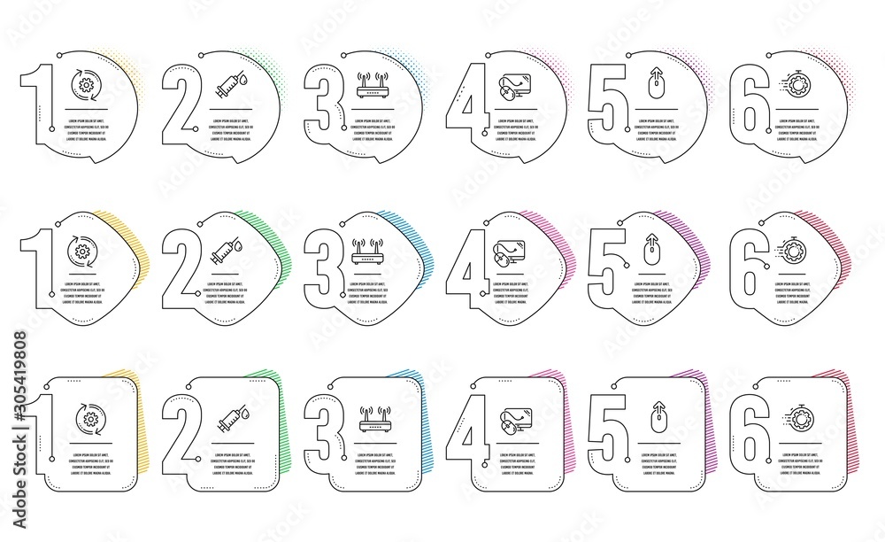 Poster swipe up, cogwheel and wifi line icons set. infographic timeline. medical syringe, seo timer and com