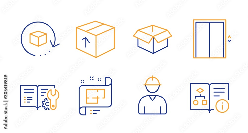 Poster return package, lift and engineer line icons set. architectural plan, package and engineering docume