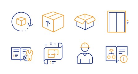 Return package, Lift and Engineer line icons set. Architectural plan, Package and Engineering documentation signs. Opened box, Technical algorithm symbols. Exchange goods, Elevator. Vector