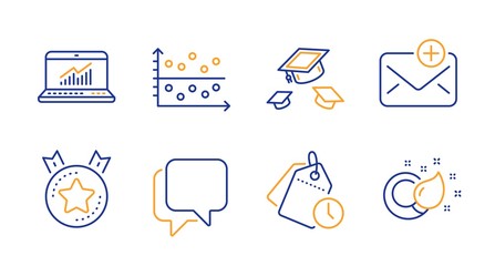 New mail, Ranking star and Dot plot line icons set. Talk bubble, Time management and Throw hats signs. Online statistics, Paint brush symbols. Add e-mail, Winner medal. Education set. Vector