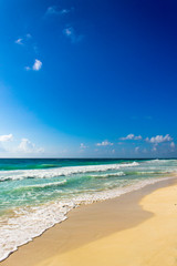 Superb tropical paradise beach, sand and caribbean sea, colorful background