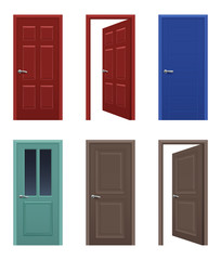 Realistic doors. Open and closed apartment entrance doors different colors vector pictures. Interior house and office door illustration