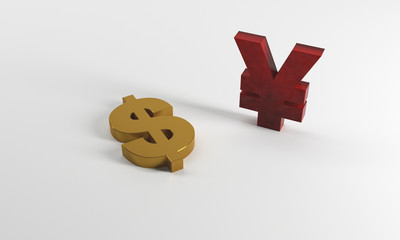 3D rendering of dollar sign and renminbi symbol on grey background,US-China trade war