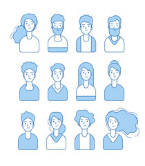 Blue line avatars. Various male and female characters anonymous funny faces for internet profile vector collection. Male and female avatar, blue user graphic linear illustration
