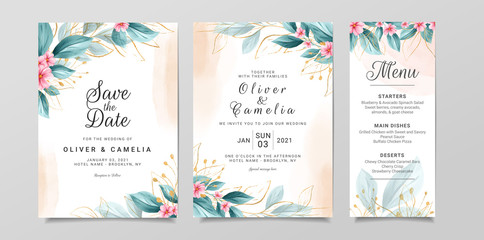 Wedding invitation card template set with watercolor floral and gold glitter decoration. Roses and leaves botanic illustration for background, save the date, invitation, greeting card, poster
