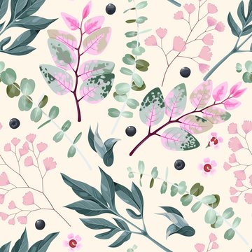 Vector seamless pattern with green and pink leaves