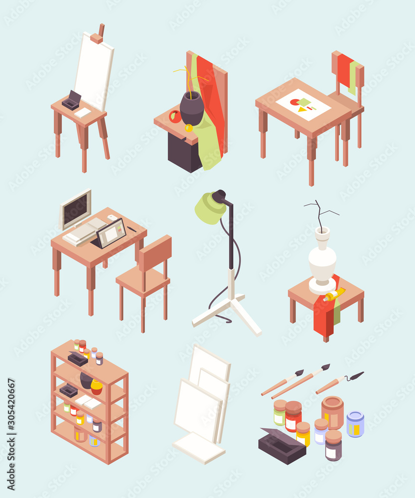 Poster art studio. items for artists paints brushes with easels working tools for designers vector isometri