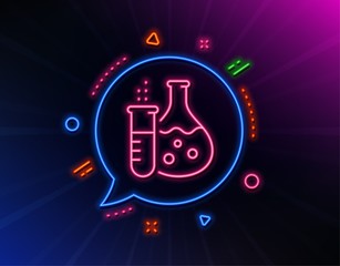 Chemistry flask line icon. Neon laser lights. Laboratory tube sign. Analysis lab symbol. Glow laser speech bubble. Neon lights chat bubble. Banner badge with chemistry flask icon. Vector