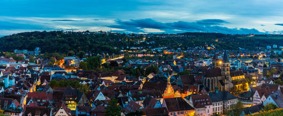 Germany, XXL aerial panorama view above houses, st dionysius church and skyline of medieval city...