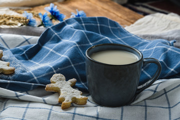 Cookies with oatmeal milk on a wooden background