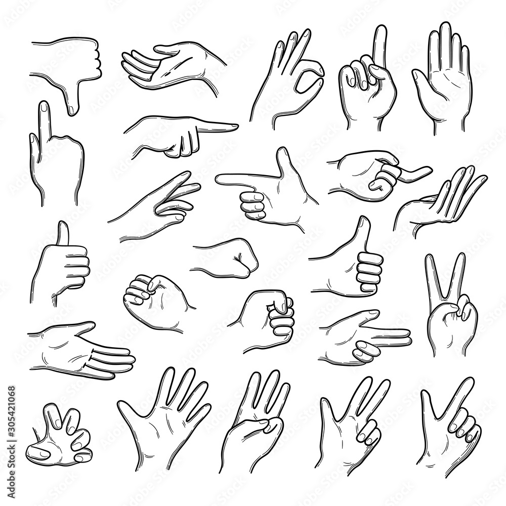 Poster hands gestures. human pointing hands showing thumbs up down like best vector doodle set. gesture fin