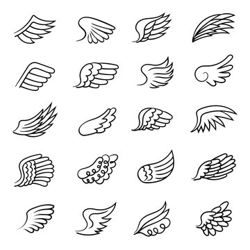 Wings. Drawing air symbols angel feather wings fly motion shapes freedom vector collection. Feather wing drawing, pigeon bird illustration