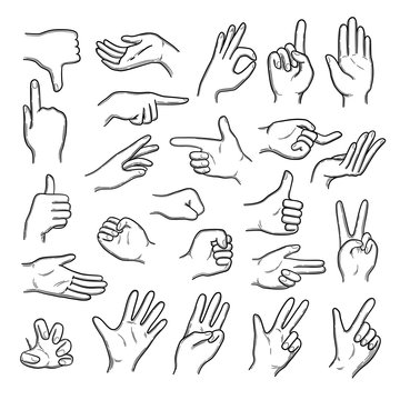 Hands gestures. Human pointing hands showing thumbs up down like best vector doodle set. Gesture finger expression, hand thumb and palm, sketch gesturing illustration