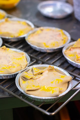 Food preparation concept action making ham cream pie with copy space