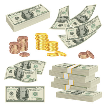 Money realistic. Investment cash dollars banknotes paper gold finance product vector money pictures. Dollar cash and banknote, success money illustration