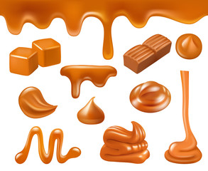 Caramel realistic. Candy sweets liquid food sauces caramel drops and splashes vector collection. Illustration iris drain, cube and melt flow