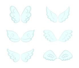 Angel Wings pairs vector, isolated set. Bluish wide plumage of angelic and heavenly creatures, symbol of freedom and purity. Decorative feathers. Flight and cupid accessory
