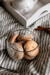 cookies in bed. Interior details. Gray background. Beautiful flat lay