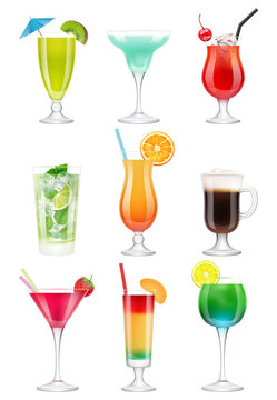 Cocktails realistic. Alcoholic drinks in glasses juice tequila mint vodka liquer gin tonic vector realistic cocktail pictures. Realistic cocktail, mojito and mint, martini umbrella illustration