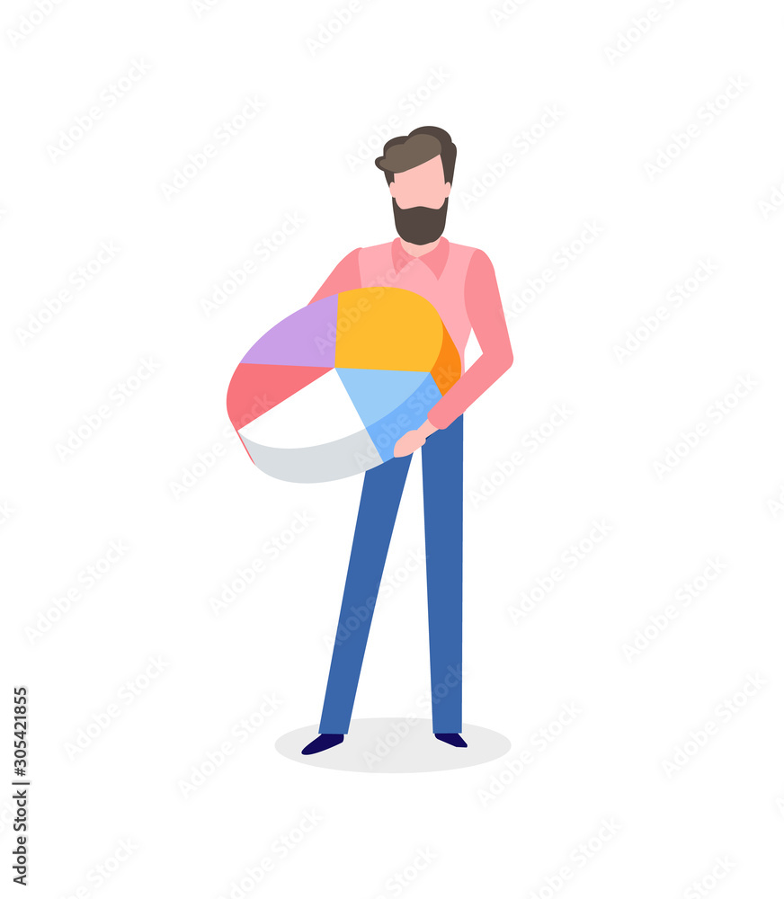 Aufkleber bearded man with pie graph in hands isolated. vector cartoon character with round statistics segment